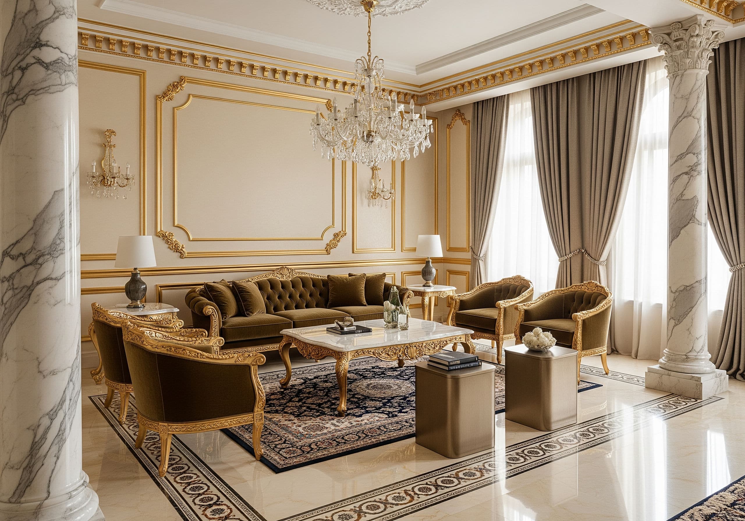 Royal living room interior featuring gold leaf detailing, marble columns, velvet seating, polished stone flooring, silk drapery, and crystal lighting