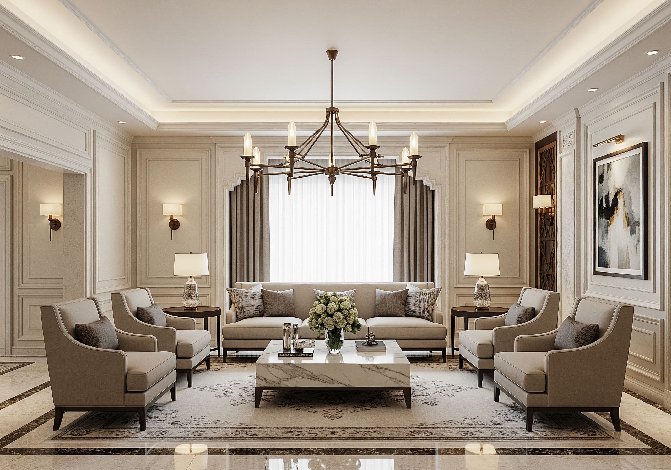 Royal luxury living room centered on a bronze chandelier above polished marble surfaces with velvet seating and symmetrical layout